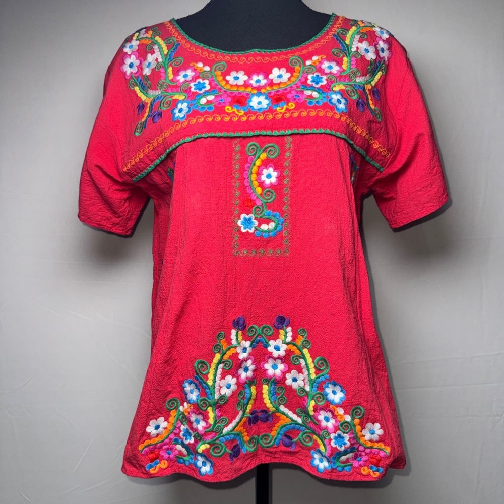 YZXDORWJ Red Floral Embroidered Mexican Peasant Blouse Boho Top Womens Large
